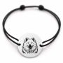 Brățară argint 925 cu bănuț gravat portret de Samoyed, șnur negru reglabil — R0386