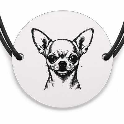 Brățară argint 925 cu bănuț gravat portret de Chihuahua, șnur negru reglabil — R0387