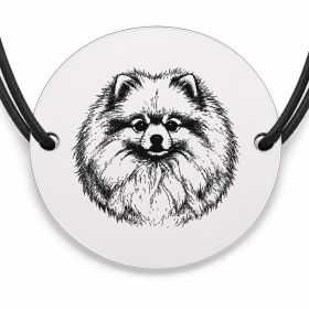 Brățară argint 925 cu bănuț gravat portret de Pomeranian, șnur negru reglabil — R0390