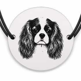 Brățară argint 925 cu bănuț gravat portret de Cavalier King Charles Spaniel, șnur negru reglabil — R0399