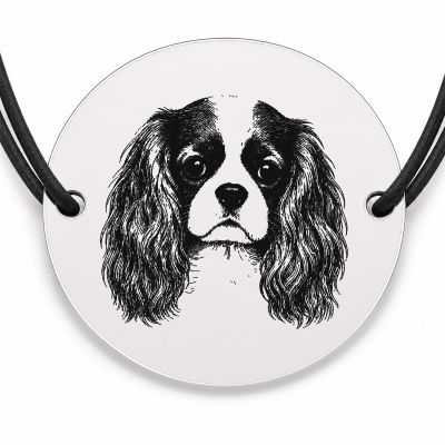 Brățară argint 925 cu bănuț gravat portret de Cavalier King Charles Spaniel, șnur negru reglabil — R0399