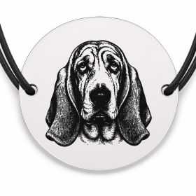 Brățară argint 925 cu bănuț gravat portret de Basset Hound, șnur negru reglabil — R0403