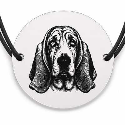 Brățară argint 925 cu bănuț gravat portret de Basset Hound, șnur negru reglabil — R0403