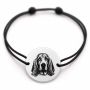Brățară argint 925 cu bănuț gravat portret de Basset Hound, șnur negru reglabil — R0403
