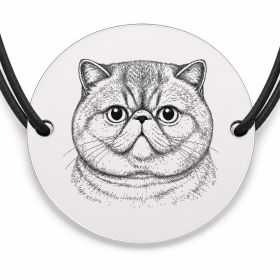 Brățară argint 925 cu bănuț gravat portret de pisică Exotic Shorthair, șnur negru reglabil — R0413