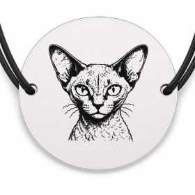 Brățară argint 925 cu bănuț gravat portret de pisică Devon Rex, șnur negru reglabil — R0414