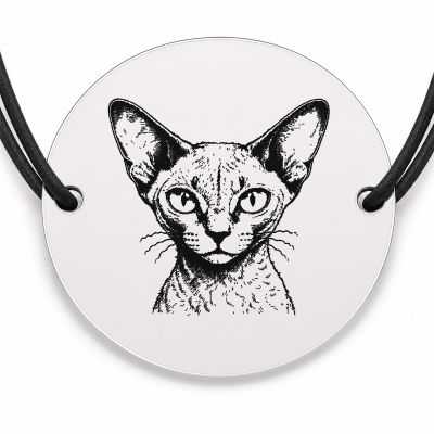 Brățară argint 925 cu bănuț gravat portret de pisică Devon Rex, șnur negru reglabil — R0414