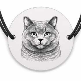 Brățară argint 925 cu bănuț gravat portret de pisică Chartreux, șnur negru reglabil — R0417