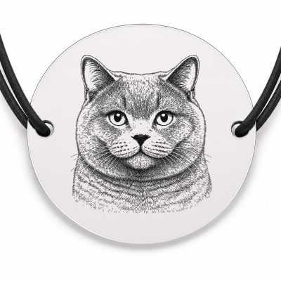 Brățară argint 925 cu bănuț gravat portret de pisică Chartreux, șnur negru reglabil — R0417