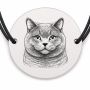 Brățară argint 925 cu bănuț gravat portret de pisică Chartreux, șnur negru reglabil — R0417