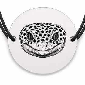 Brățară argint 925 cu bănuț gravat portret de gecko leopard, șnur negru reglabil — R0435