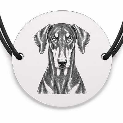 Brățară argint 925 cu bănuț gravat portret de Doberman, șnur negru reglabil — R0392
