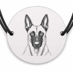 Brățară argint 925 cu bănuț gravat portret de Ciobănesc Belgian Malinois, șnur negru reglabil — R0394