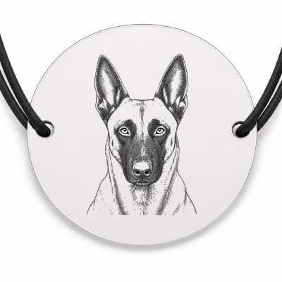 Brățară argint 925 cu bănuț gravat portret de Ciobănesc Belgian Malinois, șnur negru reglabil — R0394