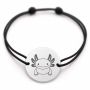 Brățară argint 925 cu bănuț gravat axolotl, șnur negru reglabil — R0446