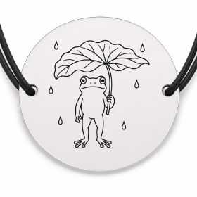 Brățară argint 925 cu bănuț gravat broscuță cu frunză-umbrelă, șnur negru reglabil — R0459