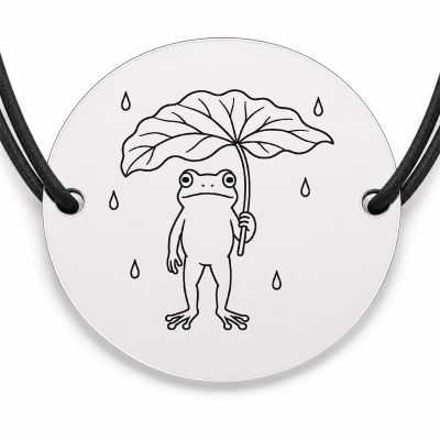 Brățară argint 925 cu bănuț gravat broscuță cu frunză-umbrelă, șnur negru reglabil — R0459
