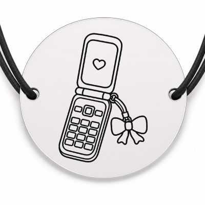 Brățară argint 925 cu bănuț gravat telefon cu clapetă, șnur negru reglabil — R0512