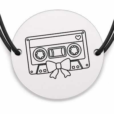 Brățară argint 925 cu bănuț gravat casetă audio cu inimioară, șnur negru reglabil — R0513
