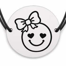 Brățară argint 925 cu bănuț gravat smiley cu inimioare, șnur negru reglabil — R0517