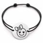 Brățară argint 925 cu bănuț gravat smiley cu inimioare, șnur negru reglabil — R0517