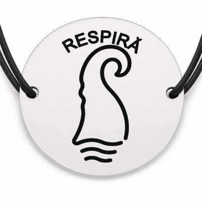 Brățară argint 925 cu bănuț gravat val cu mesajul „Respiră", șnur negru reglabil — R0528