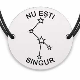 Brățară argint 925 cu bănuț gravat constelație cu mesajul „Nu ești singur", șnur negru reglabil — R0537