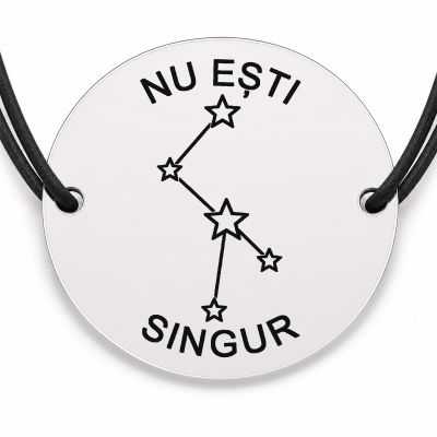 Brățară argint 925 cu bănuț gravat constelație cu mesajul „Nu ești singur", șnur negru reglabil — R0537