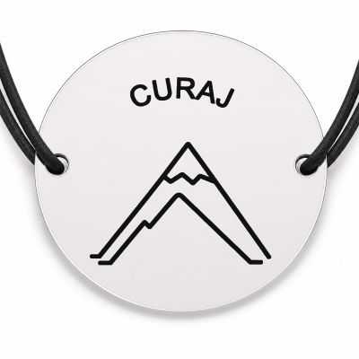 Brățară argint 925 cu bănuț gravat vârf de munte cu mesajul „Curaj", șnur negru reglabil — R0530