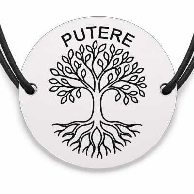 Brățară argint 925 cu bănuț gravat copac cu rădăcini și mesajul „Putere", șnur negru reglabil — R0533