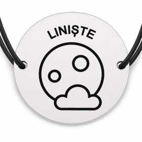 Brățară argint 925 cu bănuț gravat lună cu mesajul „Liniște", șnur negru reglabil — R0536