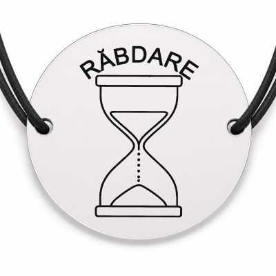 Brățară argint 925 cu bănuț gravat clepsidră cu mesajul „Răbdare", șnur negru reglabil — R0538