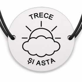 Brățară argint 925 cu bănuț gravat nor cu soare și mesajul „Trece și asta", șnur negru reglabil — R0540