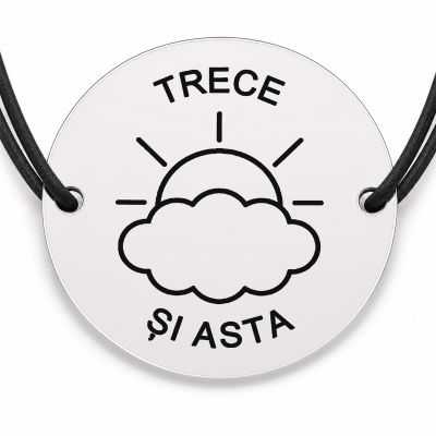 Brățară argint 925 cu bănuț gravat nor cu soare și mesajul „Trece și asta", șnur negru reglabil — R0540