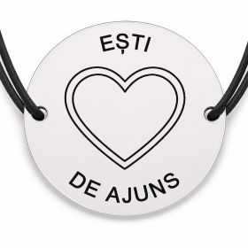 Brățară argint 925 cu bănuț gravat inimă cu mesajul „Ești de ajuns", șnur negru reglabil — R0542
