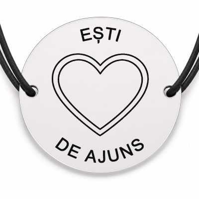 Brățară argint 925 cu bănuț gravat inimă cu mesajul „Ești de ajuns", șnur negru reglabil — R0542