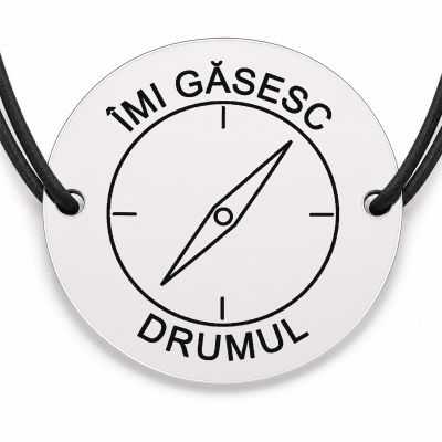 Brățară argint 925 cu bănuț gravat busolă cu mesajul „Îmi găsesc drumul", șnur negru reglabil — R0544