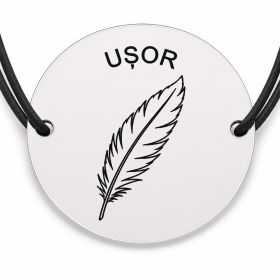 Brățară argint 925 cu bănuț gravat pană cu mesajul „Ușor", șnur negru reglabil — R0551