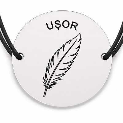 Brățară argint 925 cu bănuț gravat pană cu mesajul „Ușor", șnur negru reglabil — R0551