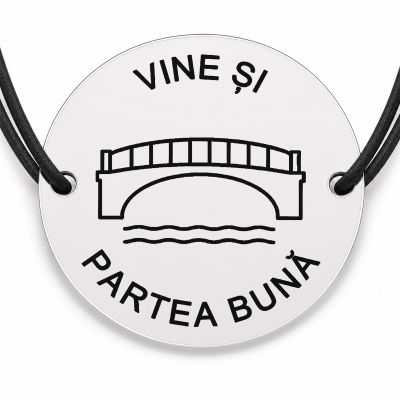 Brățară argint 925 cu bănuț gravat pod cu mesajul „Vine și partea bună", șnur negru reglabil — R0552