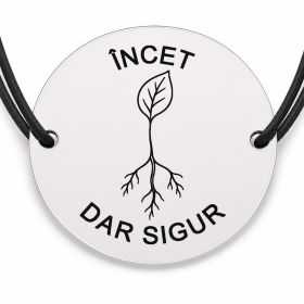 Brățară argint 925 cu bănuț gravat rădăcină cu mesajul „Încet, dar sigur", șnur negru reglabil — R0556