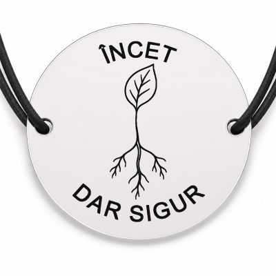 Brățară argint 925 cu bănuț gravat rădăcină cu mesajul „Încet, dar sigur", șnur negru reglabil — R0556
