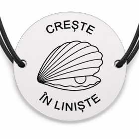 Brățară argint 925 cu bănuț gravat scoică cu mesajul „Cresc în liniște", șnur negru reglabil — R0557
