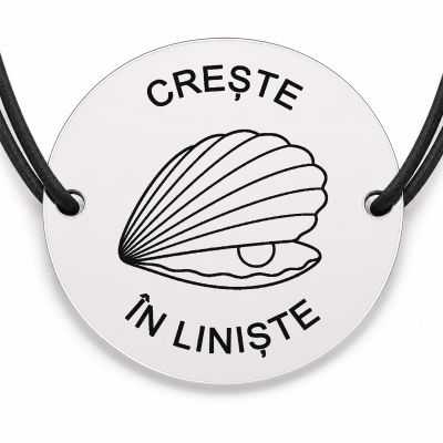 Brățară argint 925 cu bănuț gravat scoică cu mesajul „Cresc în liniște", șnur negru reglabil — R0557