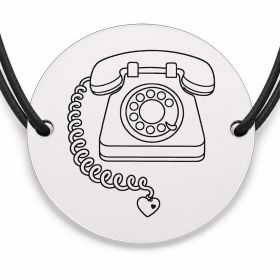 Brățară argint 925 cu bănuț gravat telefon retro cu inimioară, șnur negru reglabil — R0580