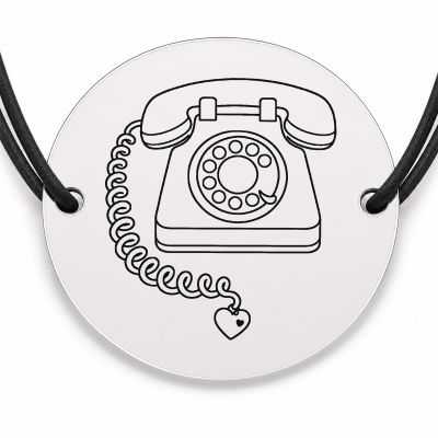 Brățară argint 925 cu bănuț gravat telefon retro cu inimioară, șnur negru reglabil — R0580