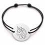 Brățară argint 925 cu bănuț gravat unicorn cu fundiță, șnur negru reglabil — R0591