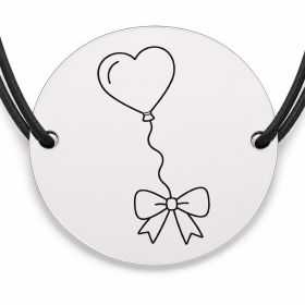 Brățară argint 925 cu bănuț gravat balon inimă cu fundiță, șnur negru reglabil — R0595