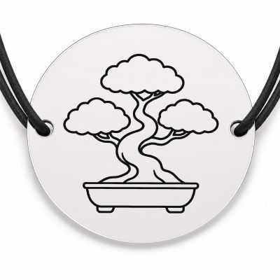 Brățară argint 925 cu bănuț gravat bonsai, șnur negru reglabil — R0652