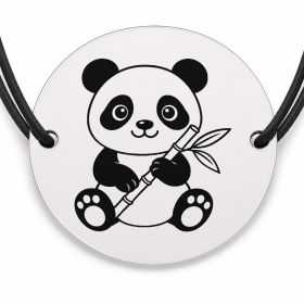 Brățară argint 925 cu bănuț gravat panda cu bambus, șnur negru reglabil — R0669
